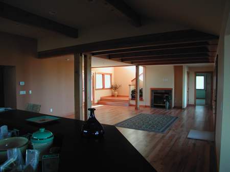 A large open living room with wood floors and an empty fireplace.